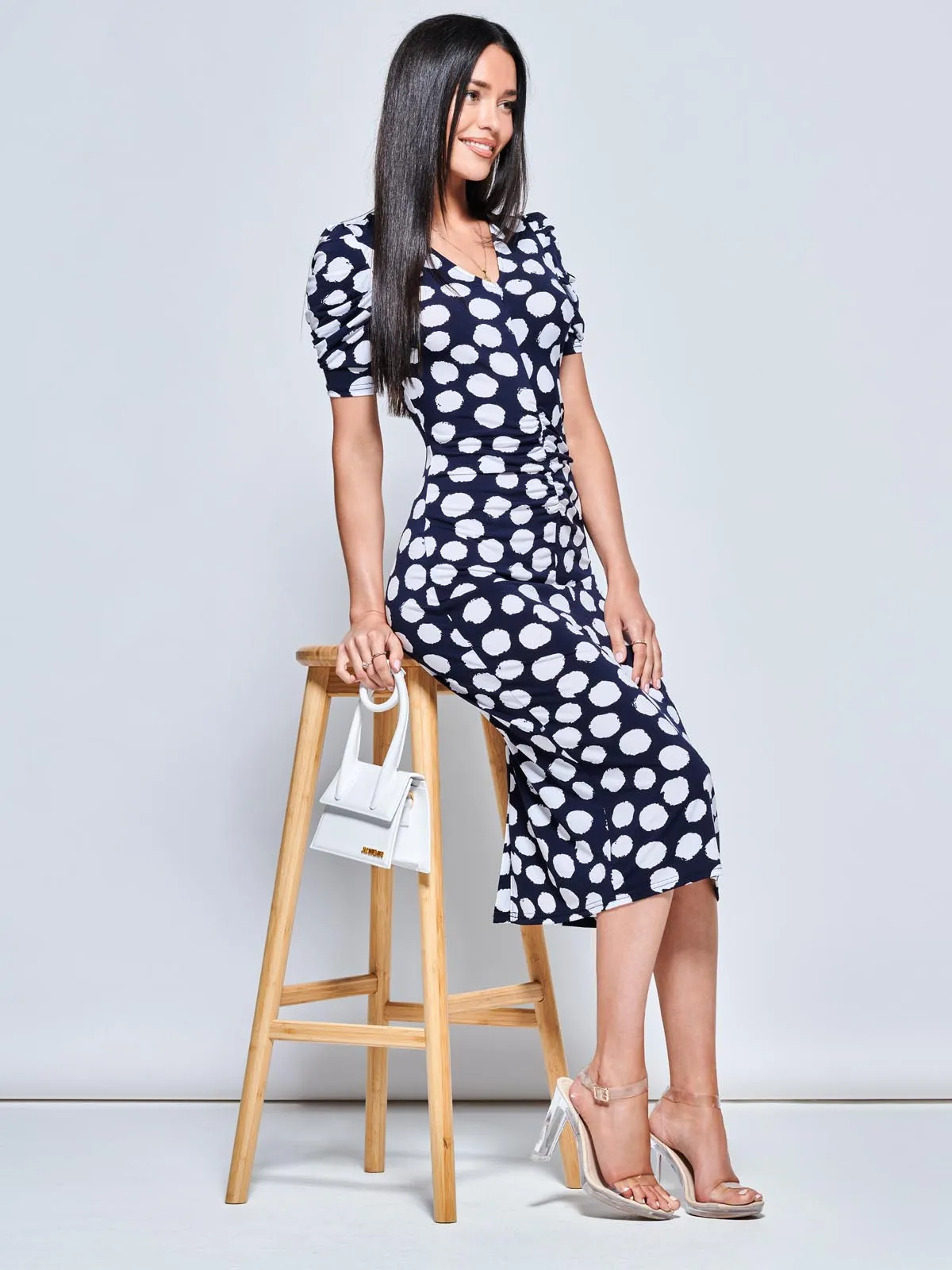 V Neck Bodycon Midi Dress, Navy Spot