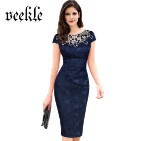 VEEKLE Vintage Women Summer Bodycon Crochet Embroidery Lace Ruched Pencil Office Dress Party Evening Plus Size Vestido De Festa