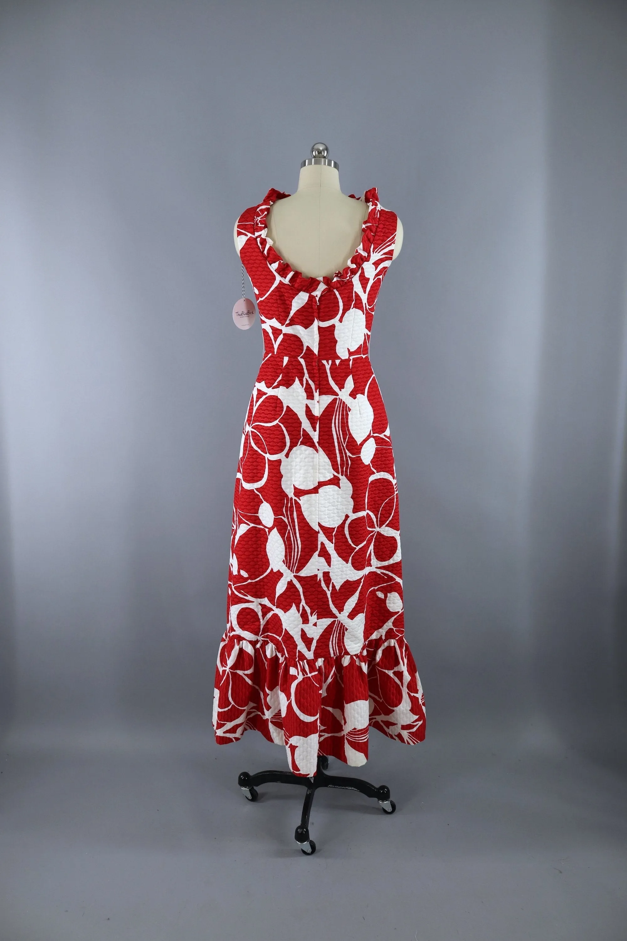 Vintage 1960s Red Floral Print Quilted Hawaiian Maxi Dress