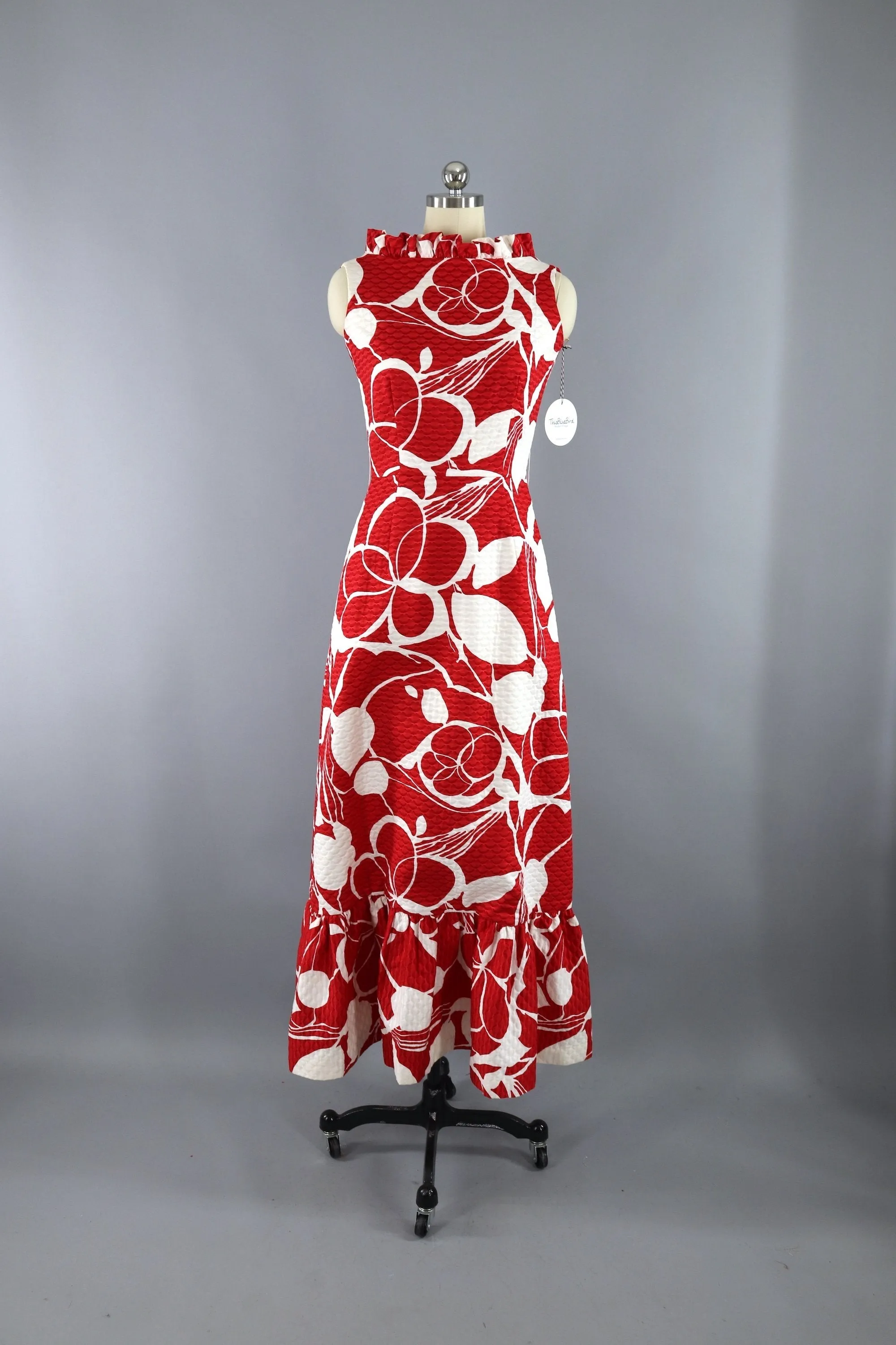 Vintage 1960s Red Floral Print Quilted Hawaiian Maxi Dress