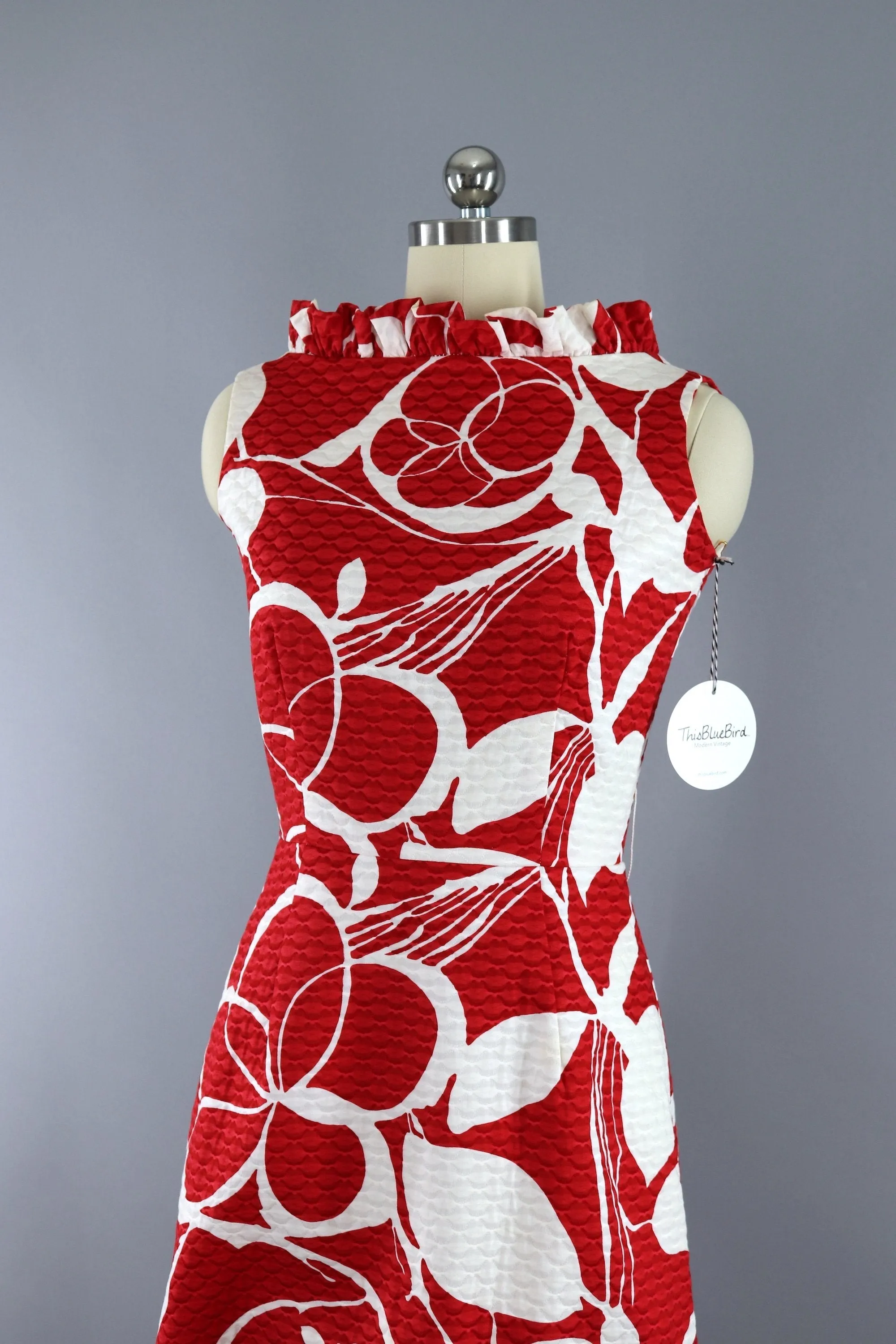 Vintage 1960s Red Floral Print Quilted Hawaiian Maxi Dress