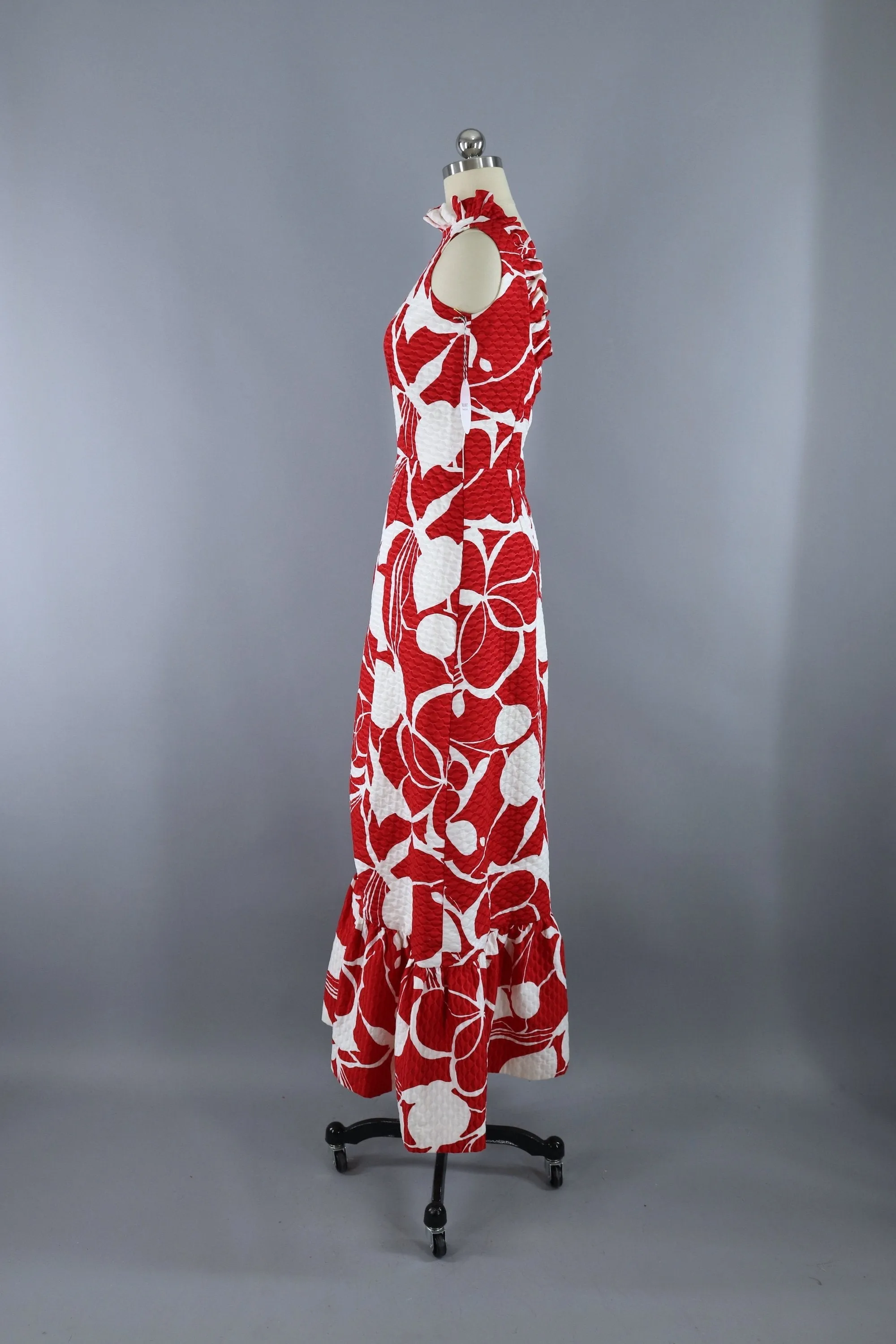 Vintage 1960s Red Floral Print Quilted Hawaiian Maxi Dress