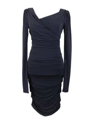 Vintage 2000s Y2K Sportstaff Navy Blue Fitted Bodycon Mesh Midi Pencil V-Neck Gathered Wrap Dress