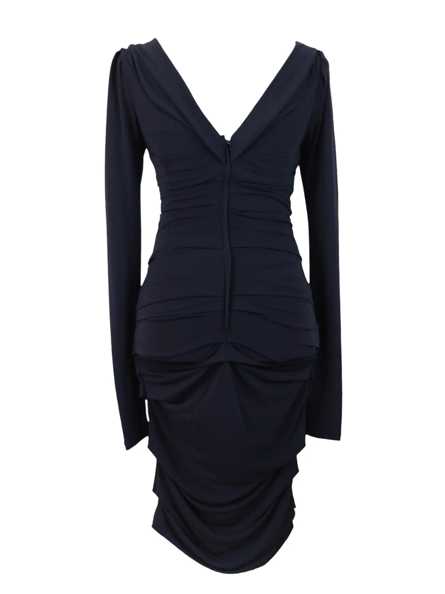 Vintage 2000s Y2K Sportstaff Navy Blue Fitted Bodycon Mesh Midi Pencil V-Neck Gathered Wrap Dress