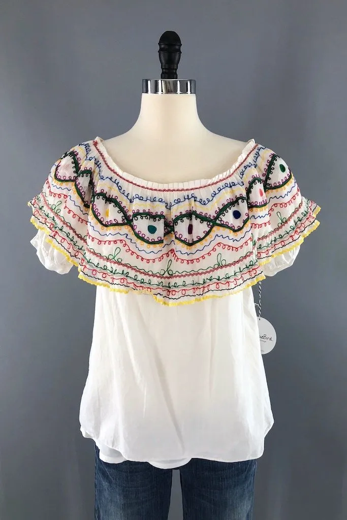 Vintage Rainbow Embroidered Cotton Tunic Blouse