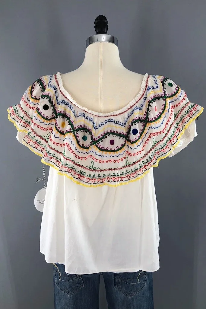 Vintage Rainbow Embroidered Cotton Tunic Blouse