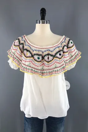 Vintage Rainbow Embroidered Cotton Tunic Blouse