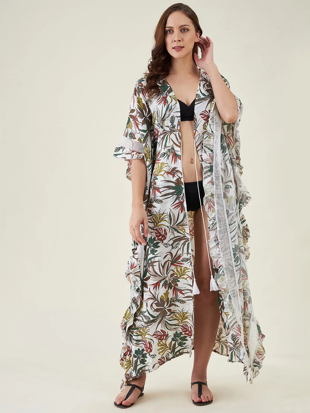 White Tropical Palm Print Resort Coverup (Final Sale)