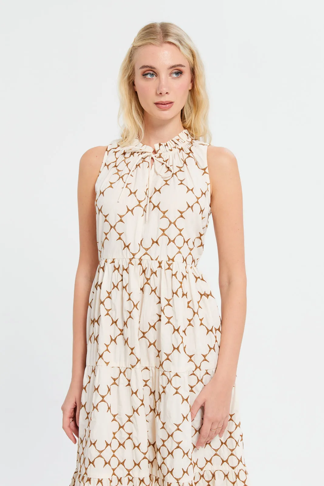 Women Beige Embroidered Sleeveless Tiered Dress