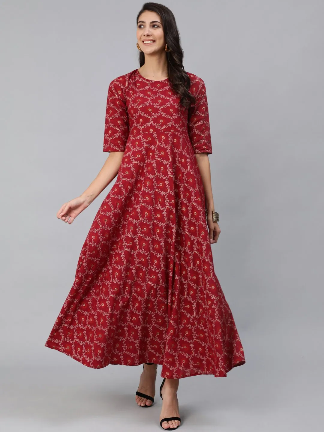 Women Burgundy & Gold Printed Maxi Dress With Three Quarter Sleeves