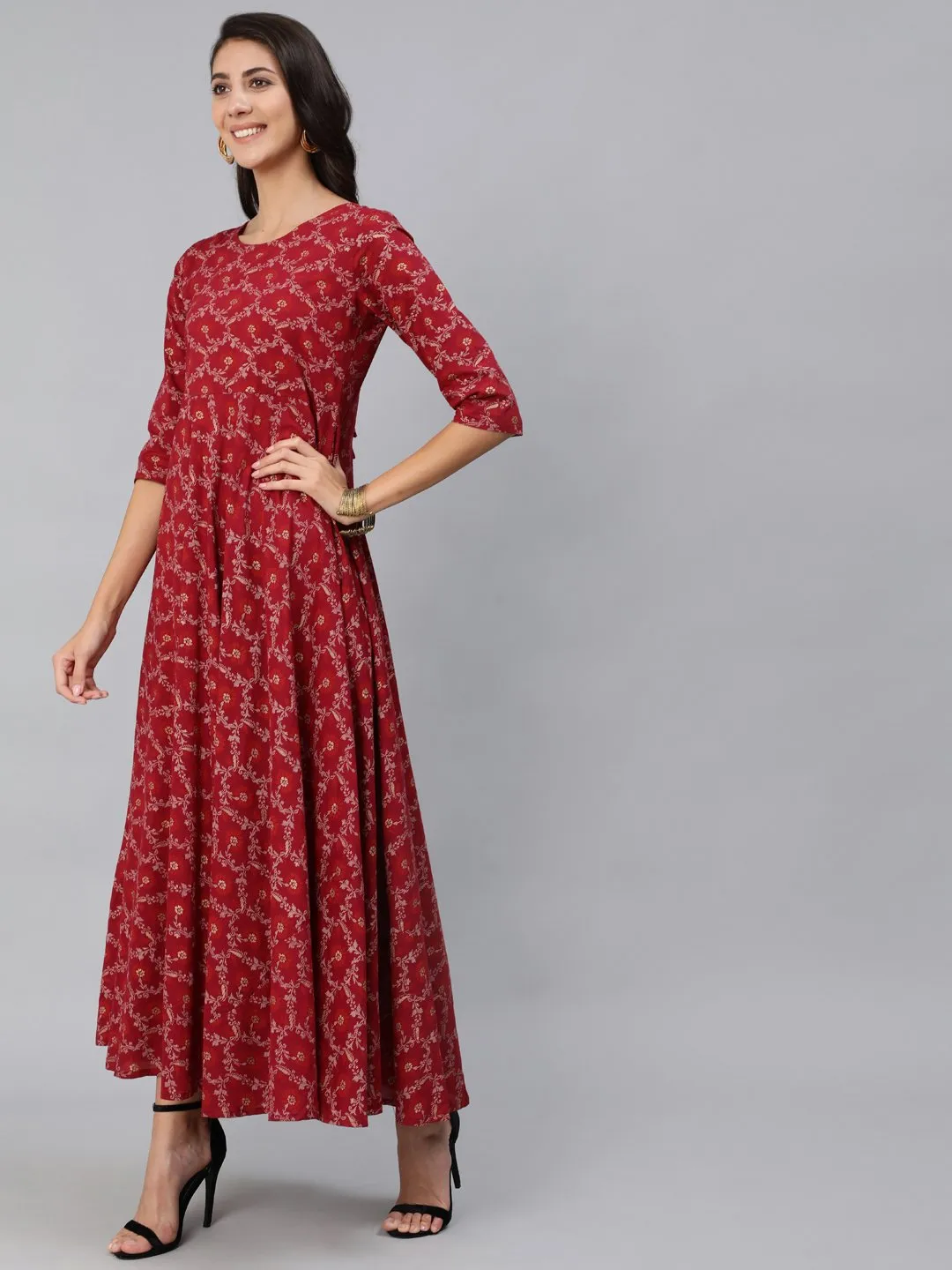 Women Burgundy & Gold Printed Maxi Dress With Three Quarter Sleeves