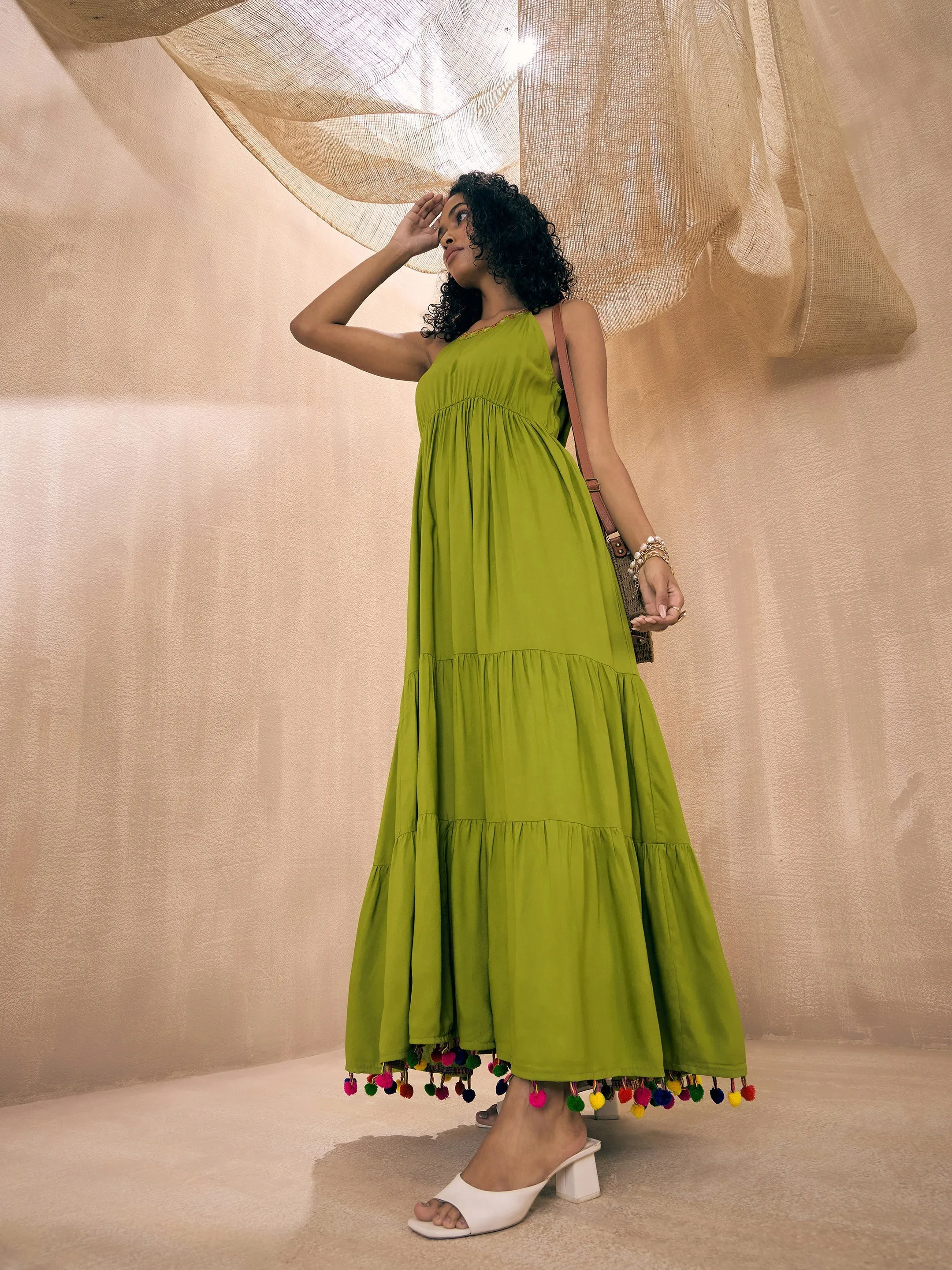 Women Green Rayon Embroidered Pom-Pom Tiered Maxi