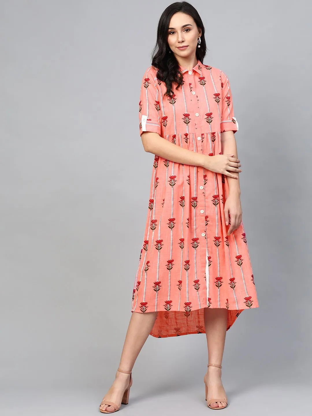 Women Pink Floral Printed Shirt Collar Cotton Maxi Dress