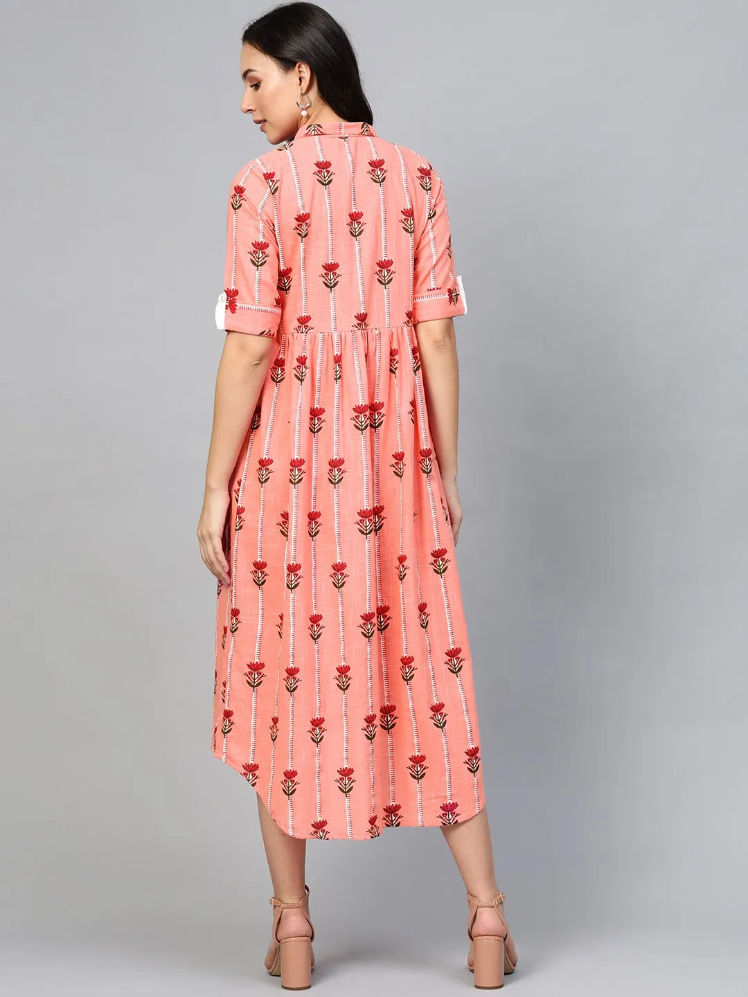 Women Pink Floral Printed Shirt Collar Cotton Maxi Dress