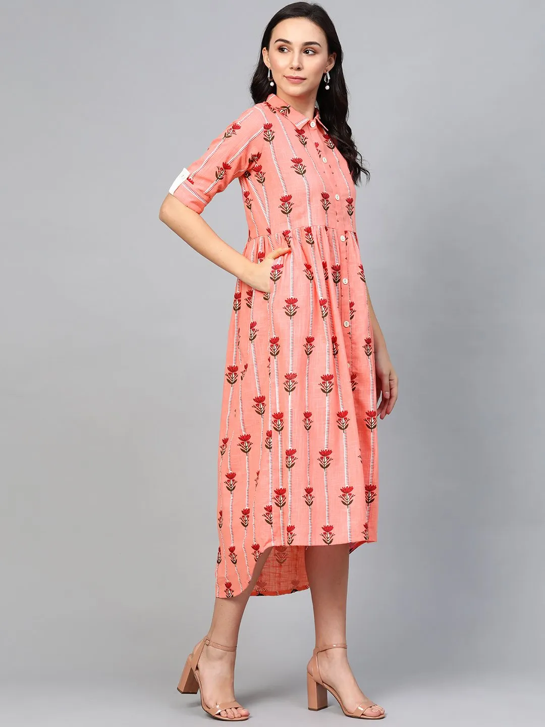 Women Pink Floral Printed Shirt Collar Cotton Maxi Dress