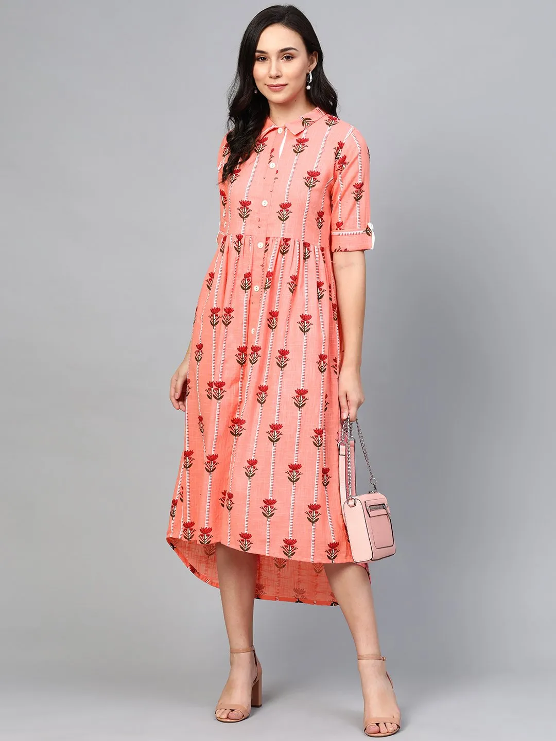 Women Pink Floral Printed Shirt Collar Cotton Maxi Dress